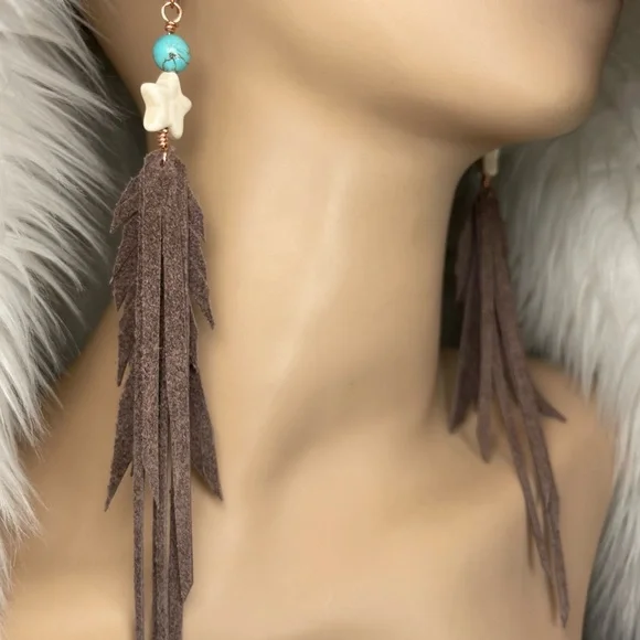 Howlite Gemstone And Turquoise Genuine Brown Leather Fringe Earrings - Picture 1 of 15
